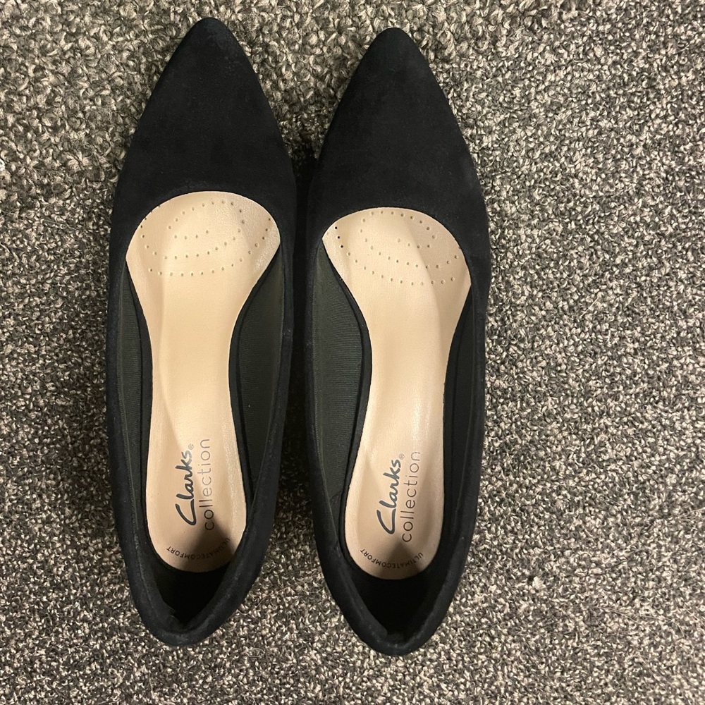 Clarks Teresa step pumps black suede women shoes dressy low heel pointy toe chic